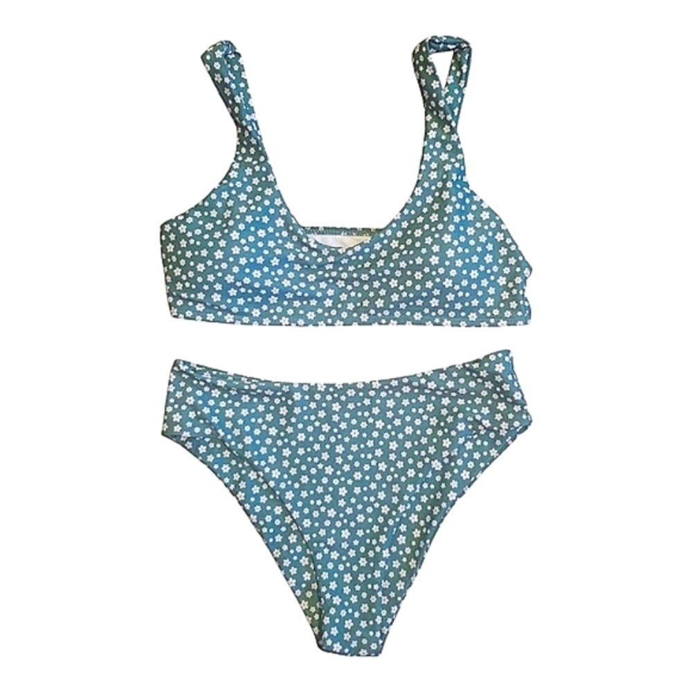 SHEIN Green with White Petite Flower Bikini Set